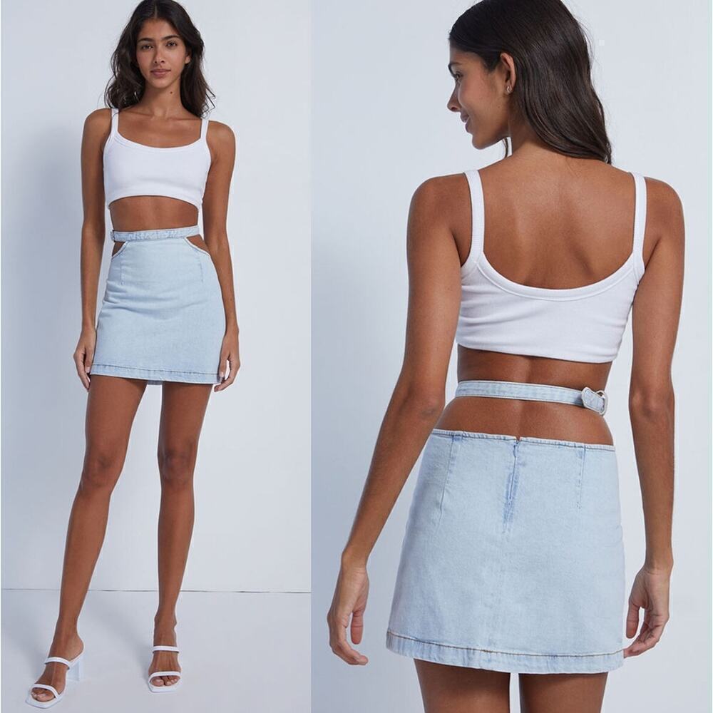 NWT We Wore What Denim Cut out Skirt Light Wash Blue Mini Chic Size M
